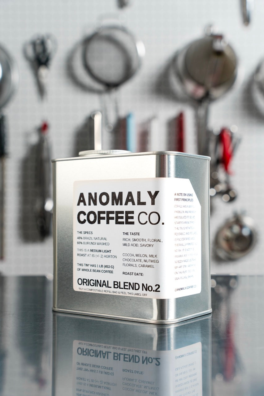 Anomaly Coffee Blend No.2 tin. The label in this photo is from a previous lot; see the description for the current coffee.