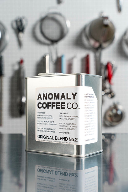 Anomaly Coffee Blend No.2 tin. The label in this photo is from a previous lot; see the description for the current coffee.