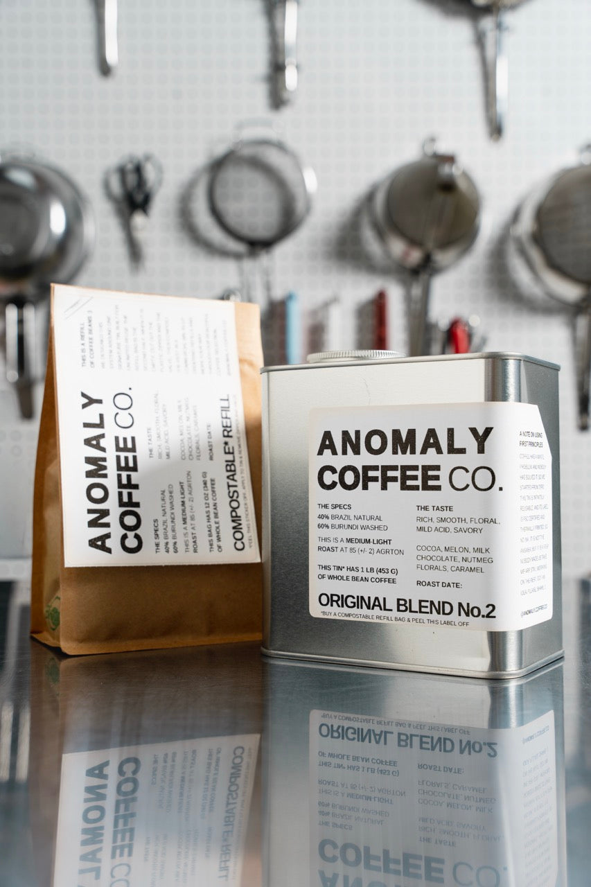 Anomaly Coffee Blend No.2 tin. The label in this photo is from a previous lot; see the description for the current coffee.