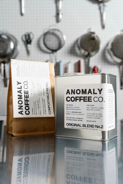 Anomaly Coffee Blend No.2 tin. The label in this photo is from a previous lot; see the description for the current coffee.