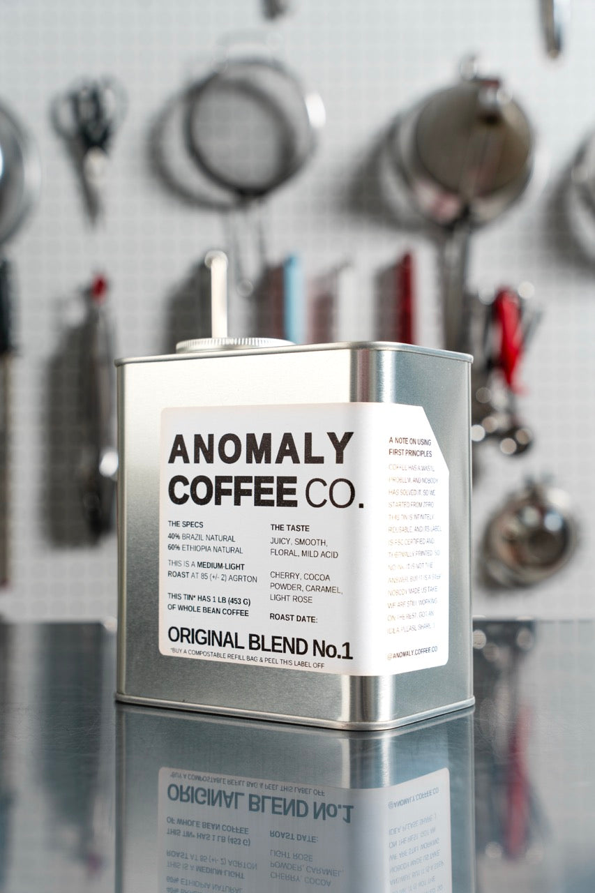 Anomaly Coffee Blend No.1 tin. The label in this photo is from a previous lot; see the description for the current coffee.