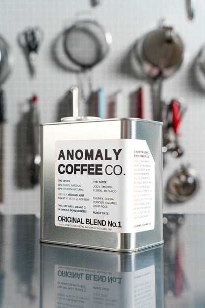 Anomaly Coffee Blend No.1 tin. The label in this photo is from a previous lot; see the description for the current coffee.