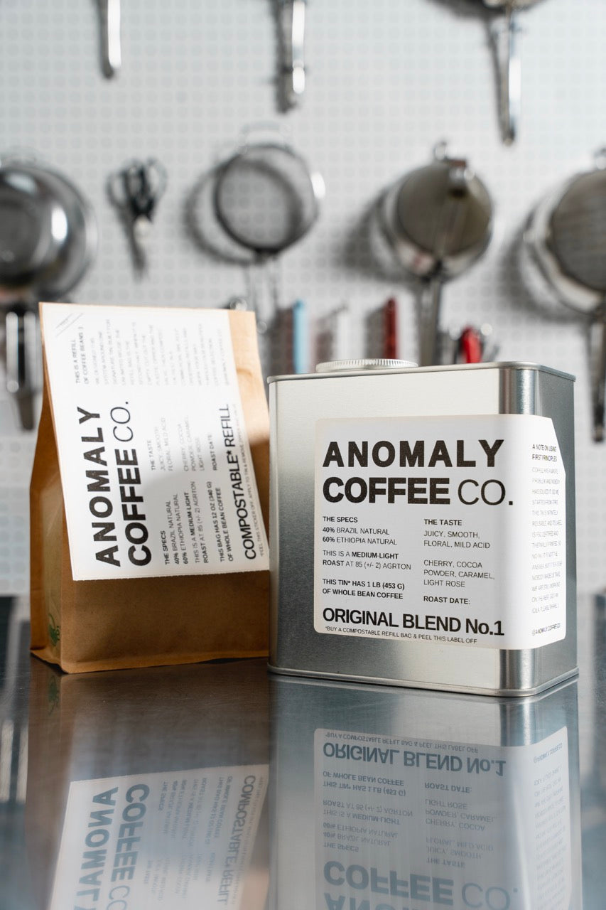 Anomaly Coffee Blend No.1 tin. The label in this photo is from a previous lot; see the description for the current coffee.