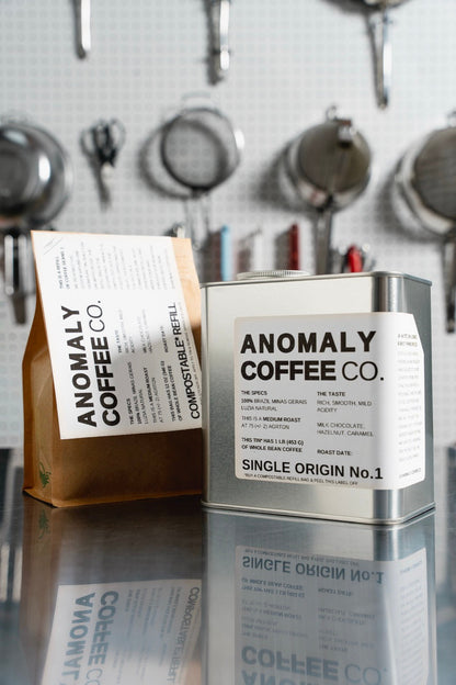 Anomaly Coffee Single Origin No.1 tin. The label in this photo is from a previous lot; see the description for the current coffee.
