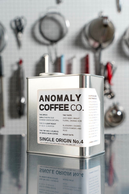 Anomaly Coffee Single Origin No.4 tin. The label in this photo is from a previous lot; see the description for the current coffee.
