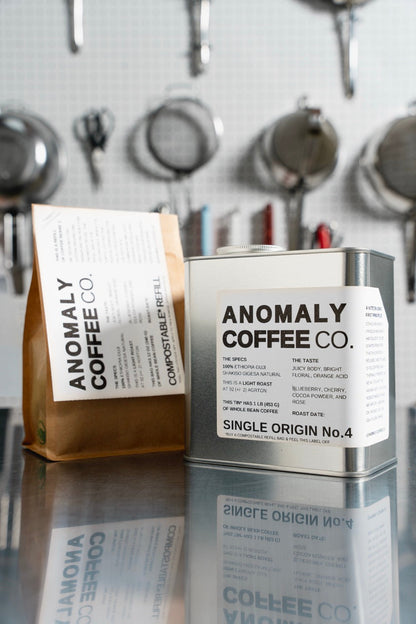 Anomaly Coffee Single Origin No.4 tin. The label in this photo is from a previous lot; see the description for the current coffee.